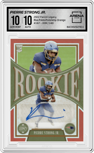 Pierre Strong Jr. from the 2022 Panini Legacy set featuring a Orange parallel graded by Arena Club and given an overall grade of 10.