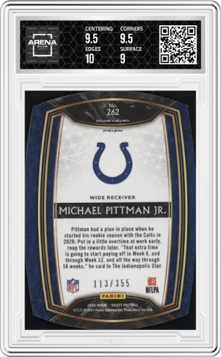 Michael Pittman Jr. from the 2020 Panini Select set featuring a Die-Cut Copper parallel graded by Arena Club and given an overall grade of 9.5.
