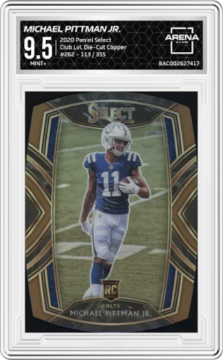 Michael Pittman Jr. from the 2020 Panini Select set featuring a Die-Cut Copper parallel graded by Arena Club and given an overall grade of 9.5.