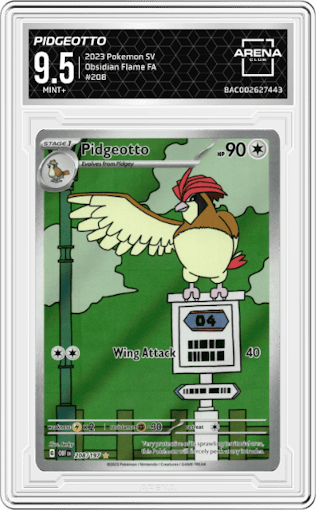 Pidgeotto from the 2023 Pokemon SV set graded by Arena Club and given an overall grade of 9.5.
