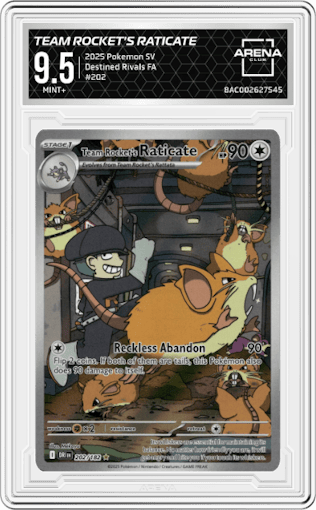 Team Rocket's Raticate from the 2025 Pokemon SV set graded by Arena Club and given an overall grade of 9.5.