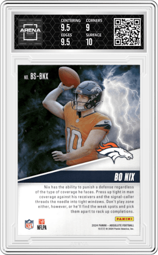 Bo Nix from the 2024 Panini Absolute set graded by Arena Club and given an overall grade of 9.5.
