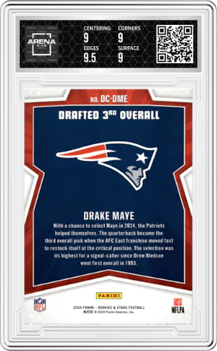 Drake Maye from the 2024 Panini Rookies & Stars set graded by Arena Club and given an overall grade of 9.