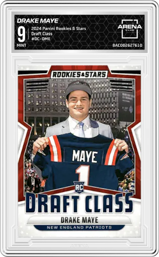 Drake Maye from the 2024 Panini Rookies & Stars set graded by Arena Club and given an overall grade of 9.