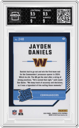 Jayden Daniels from the 2024 Donruss Optic set graded by Arena Club and given an overall grade of 9.5.