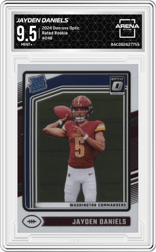 Jayden Daniels from the 2024 Donruss Optic set graded by Arena Club and given an overall grade of 9.5.