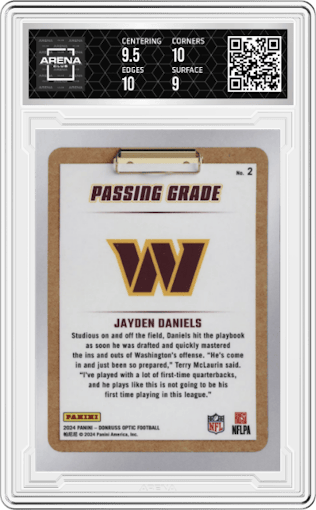 Jayden Daniels	 from the 2024 Donruss Optic set graded by Arena Club and given an overall grade of 9.5.