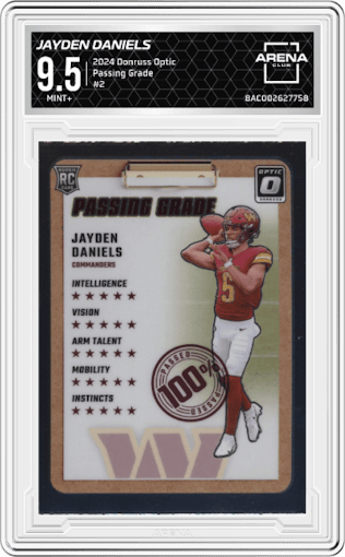 Jayden Daniels	 from the 2024 Donruss Optic set graded by Arena Club and given an overall grade of 9.5.