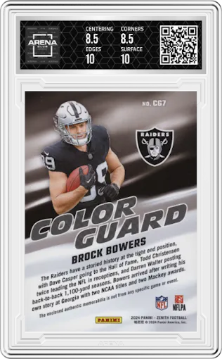 Brock Bowers from the 2024 Panini Zenith set graded by Arena Club and given an overall grade of 9.