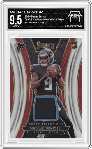 Michael Penix Jr. from the 2024 Panini Select set featuring a White Prizm parallel graded by Arena Club and given an overall grade of 9.5.