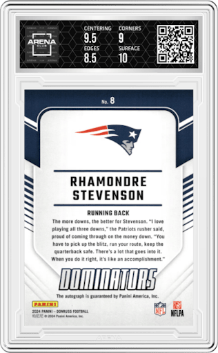 Rhamondre Stevenson from the 2024 Donruss set graded by Arena Club and given an overall grade of 9.