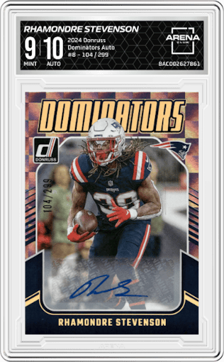 Rhamondre Stevenson from the 2024 Donruss set graded by Arena Club and given an overall grade of 9.