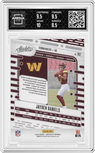 Jayden Daniels from the 2024 Panini Absolute set featuring a Yellow parallel graded by Arena Club and given an overall grade of 9.