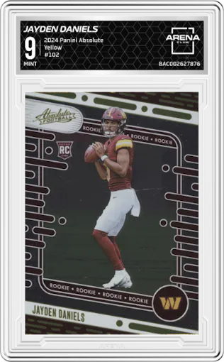 Jayden Daniels from the 2024 Panini Absolute set featuring a Yellow parallel graded by Arena Club and given an overall grade of 9.