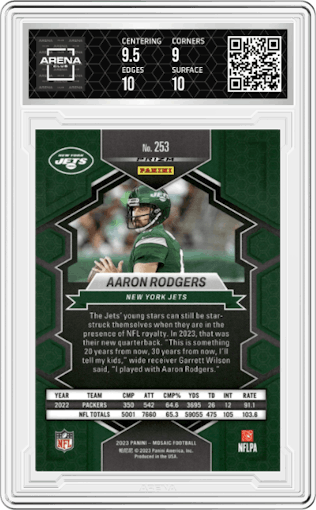 Aaron Rodgers from the 2023 Panini Mosaic set featuring a Honeycomb parallel graded by Arena Club and given an overall grade of 9.5.