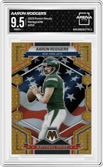 Aaron Rodgers from the 2023 Panini Mosaic set featuring a Honeycomb parallel graded by Arena Club and given an overall grade of 9.5.