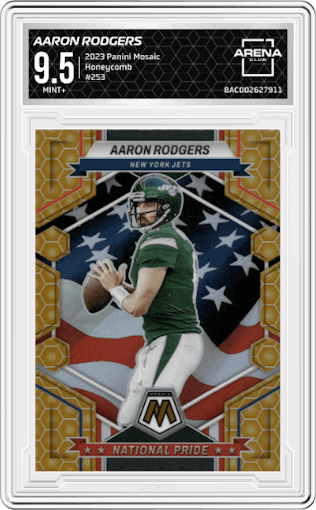 Aaron Rodgers from the 2023 Panini Mosaic set featuring a Honeycomb parallel graded by Arena Club and given an overall grade of 9.5.