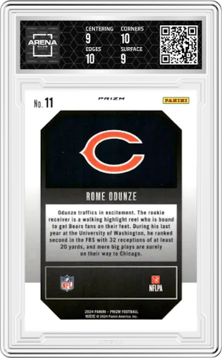 Rome Odunze from the 2024 Panini Prizm set featuring a Green Prizm parallel graded by Arena Club and given an overall grade of 9.5.