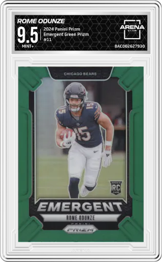 Rome Odunze from the 2024 Panini Prizm set featuring a Green Prizm parallel graded by Arena Club and given an overall grade of 9.5.