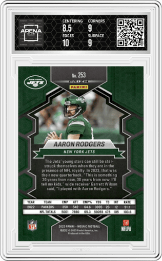 Aaron Rodgers from the 2023 Panini Mosaic set featuring a  Genesis parallel graded by Arena Club and given an overall grade of 9.
