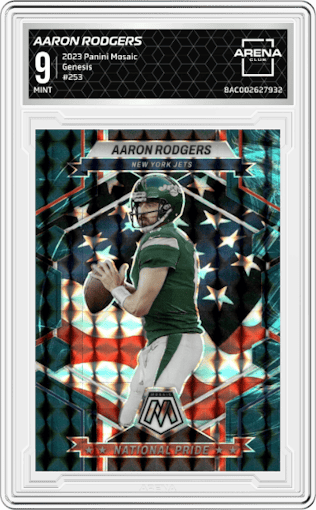 Aaron Rodgers from the 2023 Panini Mosaic set featuring a  Genesis parallel graded by Arena Club and given an overall grade of 9.
