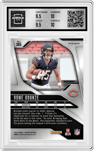 Rome Odunze from the 2024 Panini Prizm set featuring a Pink Wave parallel graded by Arena Club and given an overall grade of 10.