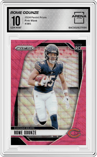 Rome Odunze from the 2024 Panini Prizm set featuring a Pink Wave parallel graded by Arena Club and given an overall grade of 10.