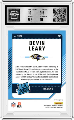 Devin Leary from the 2024 Donruss set featuring a Pink parallel graded by Arena Club and given an overall grade of 10.