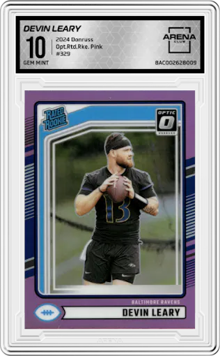Devin Leary from the 2024 Donruss set featuring a Pink parallel graded by Arena Club and given an overall grade of 10.
