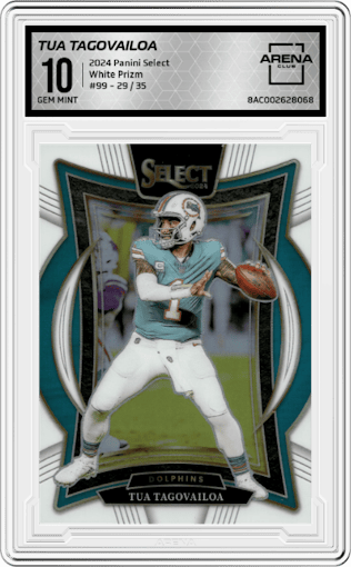 Tua Tagovailoa from the 2024 Panini Select set featuring a White Prizm parallel graded by Arena Club and given an overall grade of 10.