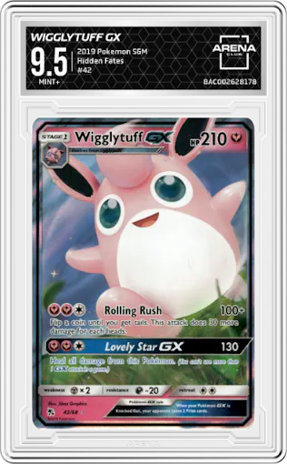 Wigglytuff GX from the 2019 Pokemon S&M  set graded by Arena Club and given an overall grade of 9.5.