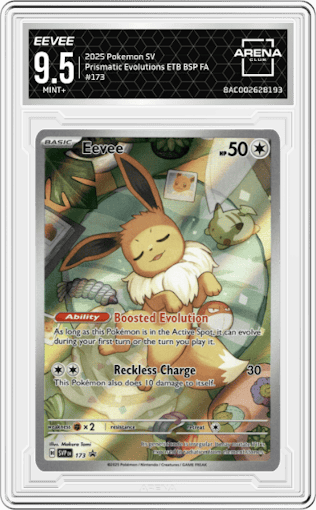 Eevee from the 2025 Pokemon SV set featuring a Prismatic Evolutions Elite Trainer Box parallel graded by Arena Club and given an overall grade of 9.5.
