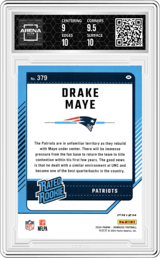Drake Maye from the 2024 Donruss set featuring a Pink parallel graded by Arena Club and given an overall grade of 9.5.