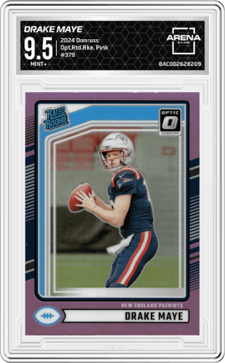 Drake Maye from the 2024 Donruss set featuring a Pink parallel graded by Arena Club and given an overall grade of 9.5.