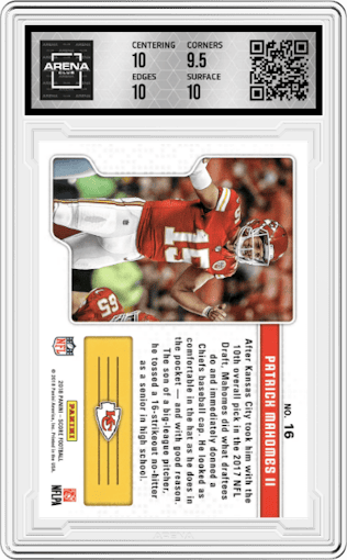 Patrick Mahomes II from the 2018 Panini Score set graded by Arena Club and given an overall grade of 10.