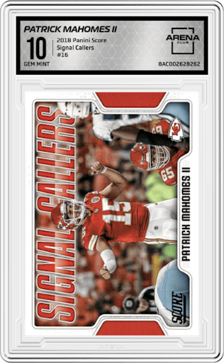 Patrick Mahomes II from the 2018 Panini Score set graded by Arena Club and given an overall grade of 10.