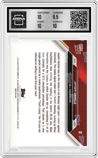 Jayden Daniels from the 2024 Topps Now set graded by Arena Club and given an overall grade of 10.