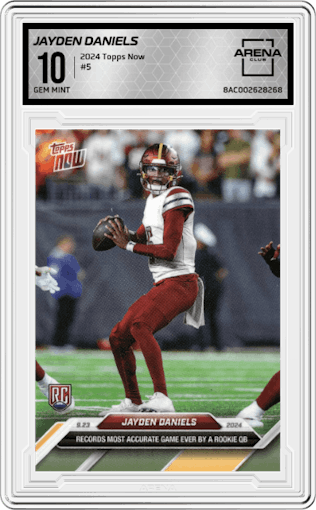 Jayden Daniels from the 2024 Topps Now set graded by Arena Club and given an overall grade of 10.