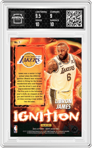 Lebron James  from the 2023-24 Panini NBA Hoops set graded by Arena Club and given an overall grade of 9.5.