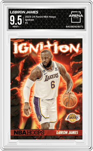 Lebron James  from the 2023-24 Panini NBA Hoops set graded by Arena Club and given an overall grade of 9.5.