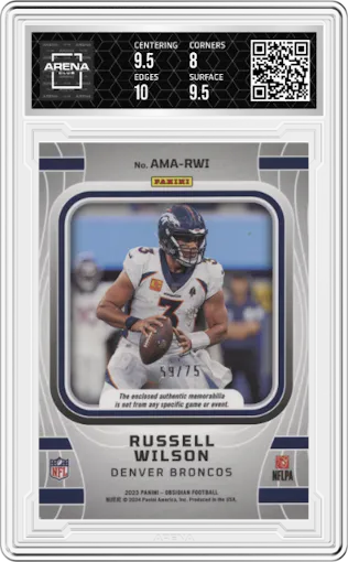 Russell Wilson from the 2023 Panini Obsidian set featuring a Electric Etch Purple parallel graded by Arena Club and given an overall grade of 8.5.