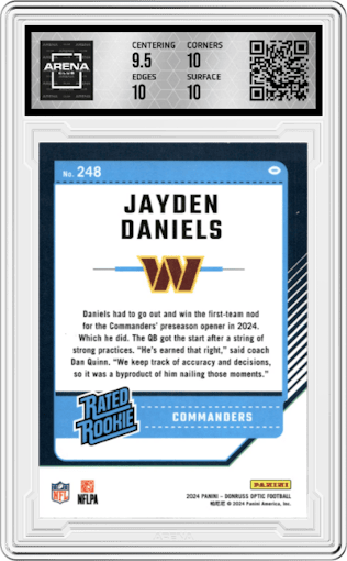 Jayden Daniels from the 2024 Donruss Optic set graded by Arena Club and given an overall grade of 10.