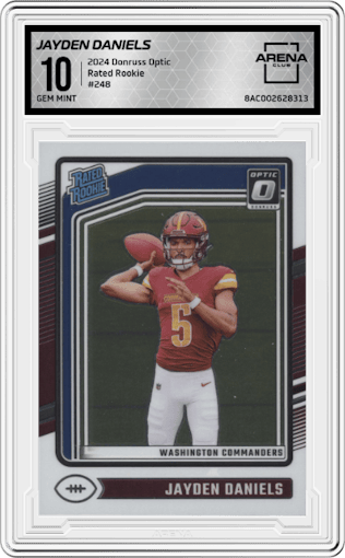 Jayden Daniels from the 2024 Donruss Optic set graded by Arena Club and given an overall grade of 10.