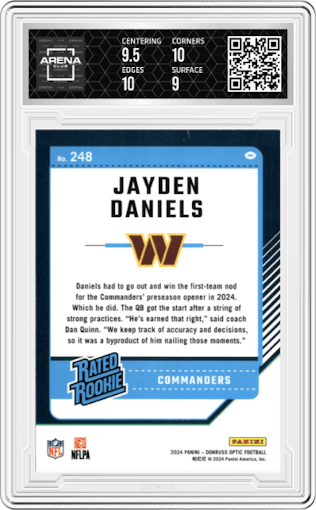 Jayden Daniels from the 2024 Donruss Optic set graded by Arena Club and given an overall grade of 9.5.