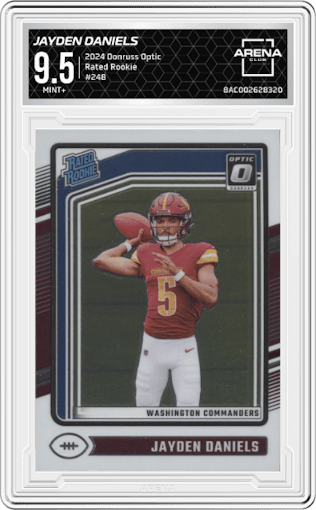 Jayden Daniels from the 2024 Donruss Optic set graded by Arena Club and given an overall grade of 9.5.