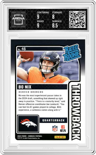 Bo Nix from the 2024 Donruss set graded by Arena Club and given an overall grade of 8.5.