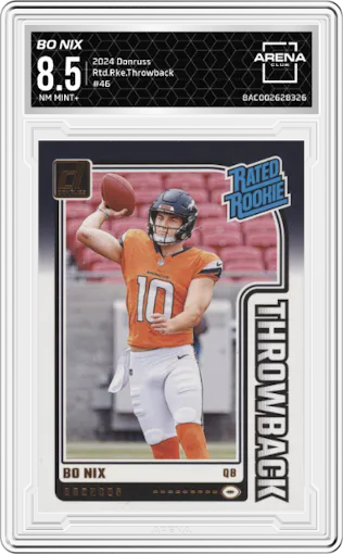 Bo Nix from the 2024 Donruss set graded by Arena Club and given an overall grade of 8.5.