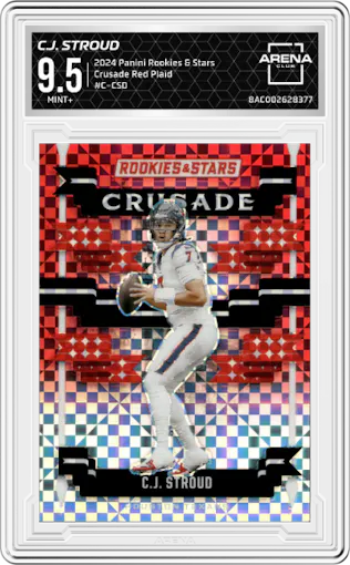 C.J. Stroud from the 2024 Panini Rookies & Stars set featuring a Red Plaid parallel graded by Arena Club and given an overall grade of 9.5.