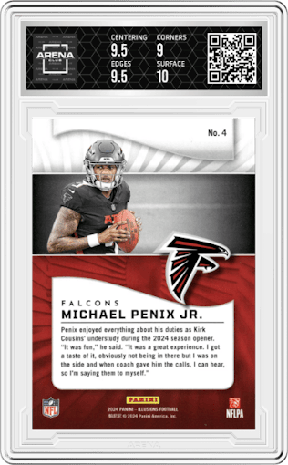 Michael Penix Jr. from the 2024 Panini Illusions set featuring a Dots Trophy Collection parallel graded by Arena Club and given an overall grade of 9.5.