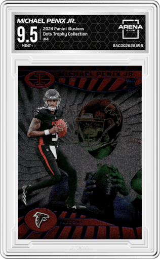 Michael Penix Jr. from the 2024 Panini Illusions set featuring a Dots Trophy Collection parallel graded by Arena Club and given an overall grade of 9.5.